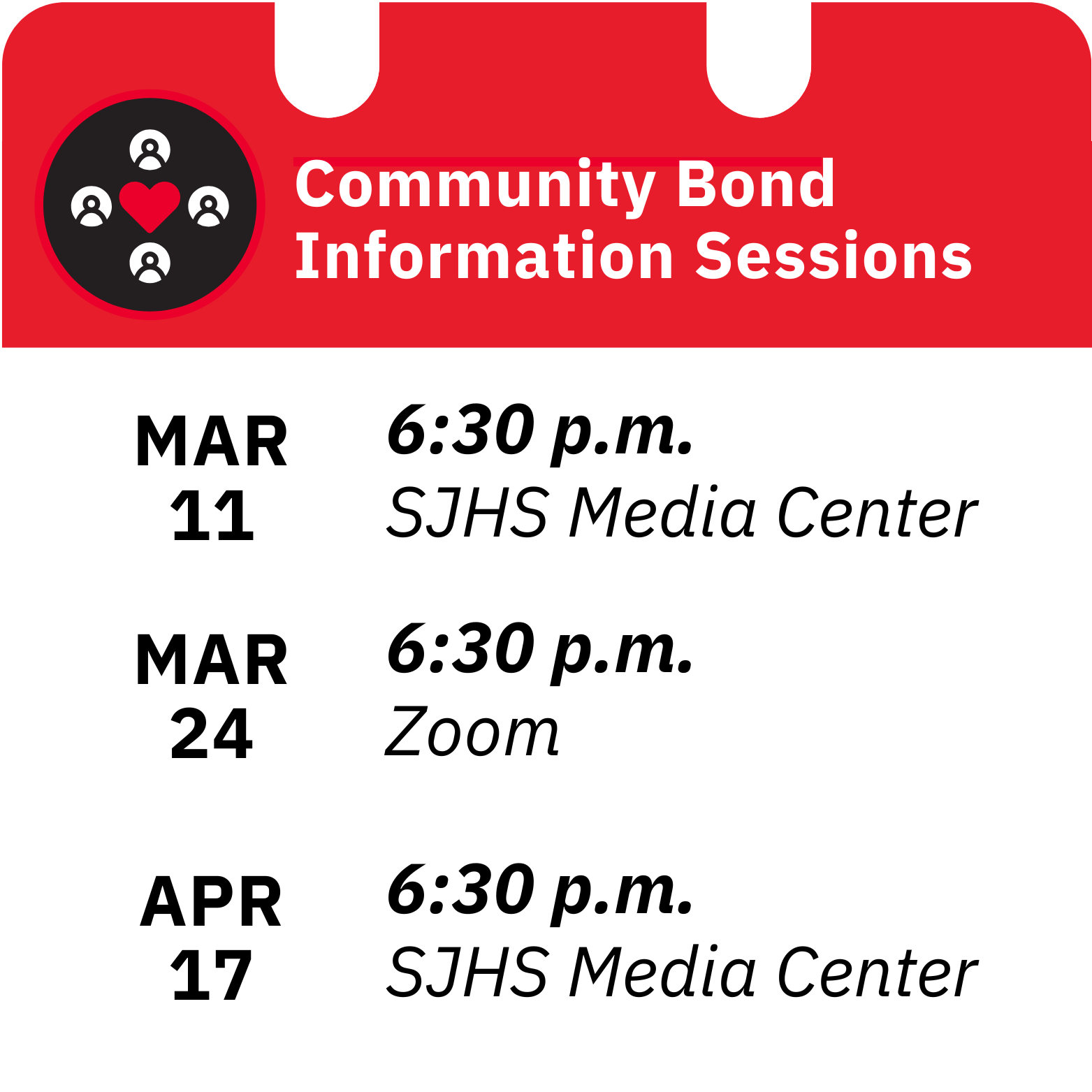 Community info sessions: March 11 and Aprlil 17 at 6:30 pm SJHS Media Center